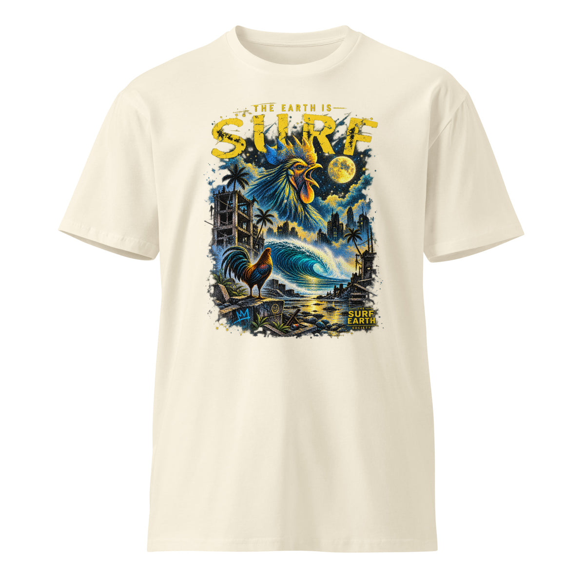 Dystopian Rooster THE EARTH IS SURF vintage surf graphic T-shirt in natural cotton with rooster and empty wave