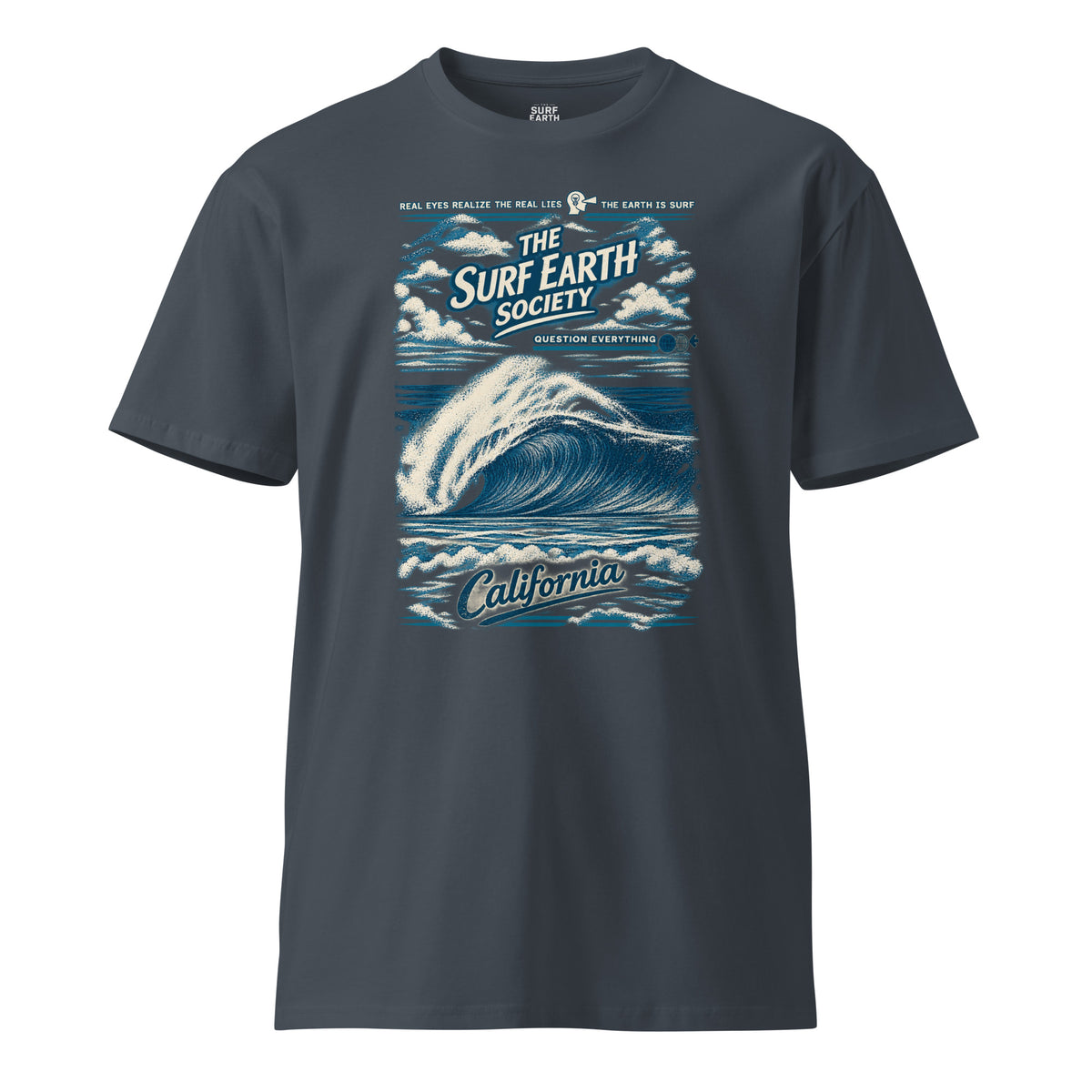Southern California ’94 vintage surf T-shirt in petrol blue, featuring a classic California beachbreak wave, SURF EARTH SOCIETY™ branding, and distressed vintage lettering.