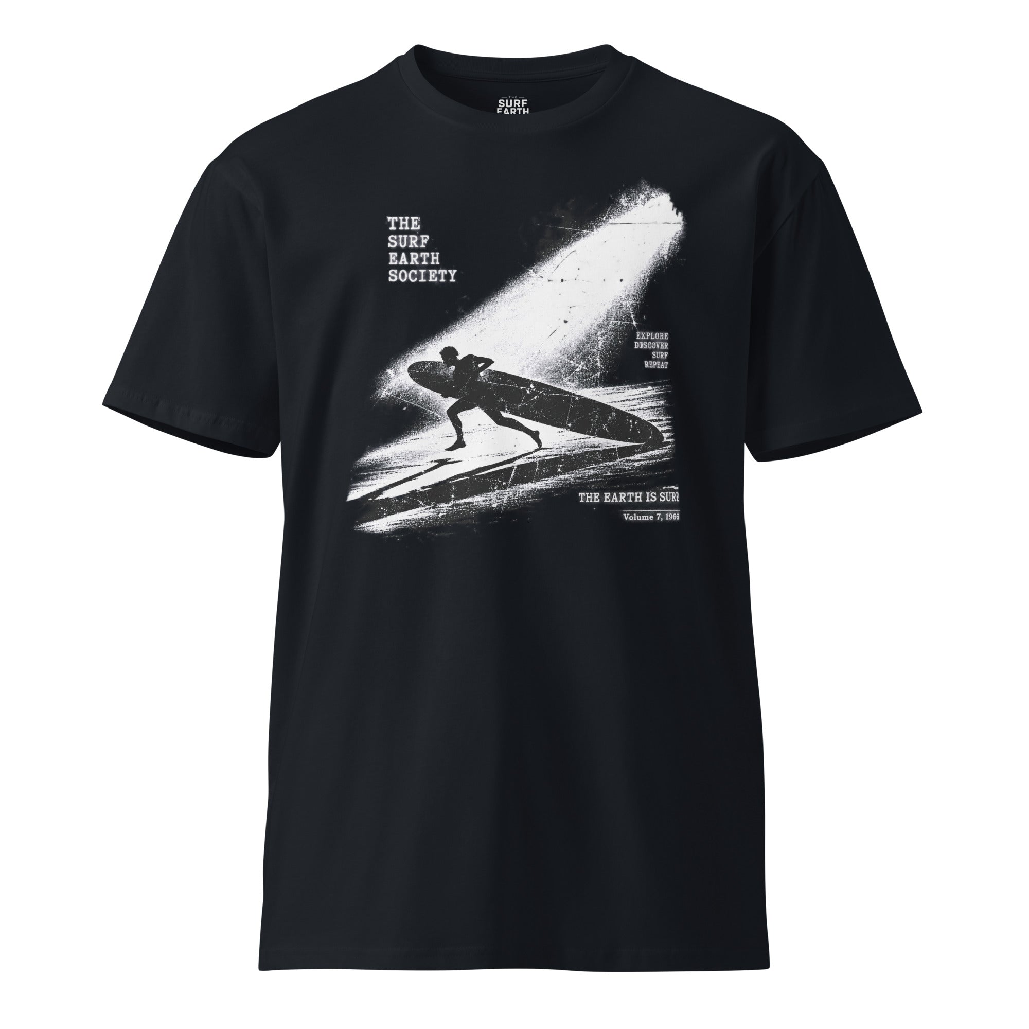 Vintage THE SURF EARTH SOCIETY Night Run ’66 surf navy blue T-shirt featuring a longboard surfer running into the ocean beneath a spotlight