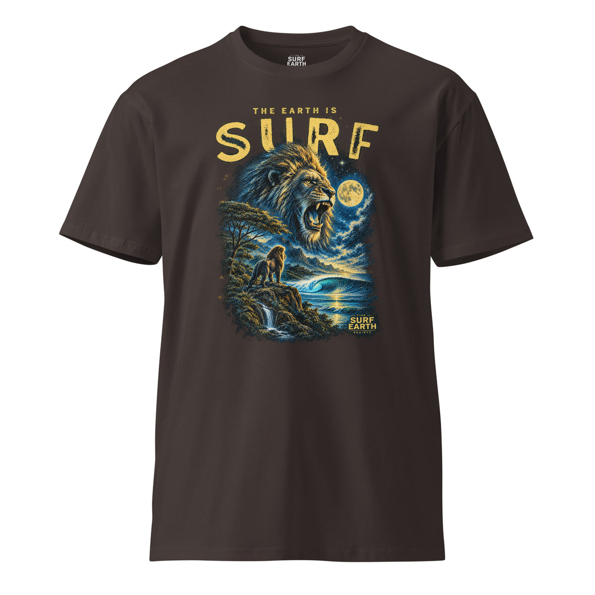 Fierce roaring lion overlooking a perfect ocean wave under a full moon on a premium 100% cotton coal T-shirt, vintage ’90s wildlife and surf graphic