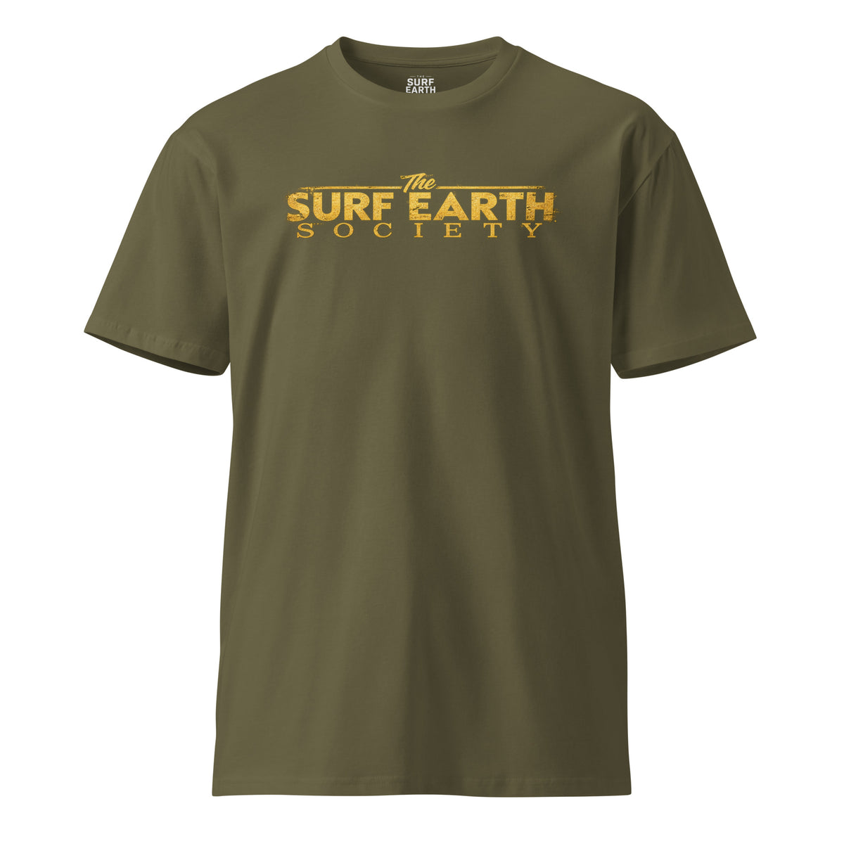 Vintage rustic Gold on Army Green Surf Earth Society iconic original t-shirt
