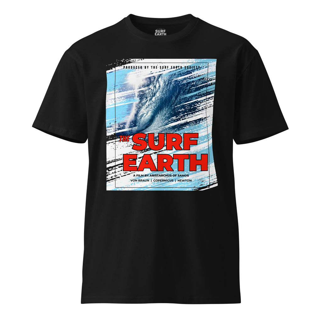 80s surf earth movie poster with vintage graphic artistry on premium black t-shirt