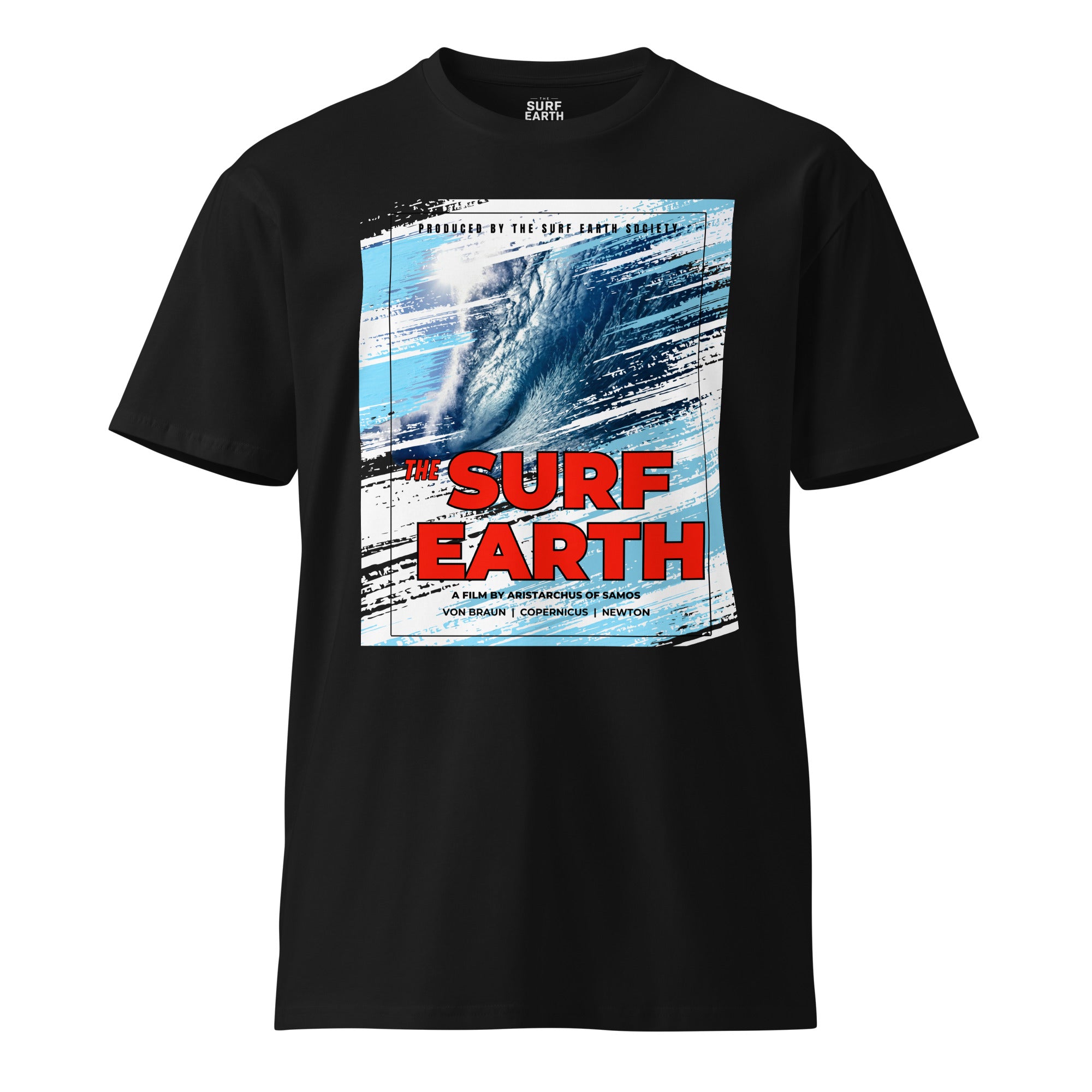 80s surf earth movie poster with vintage graphic artistry on premium black t-shirt