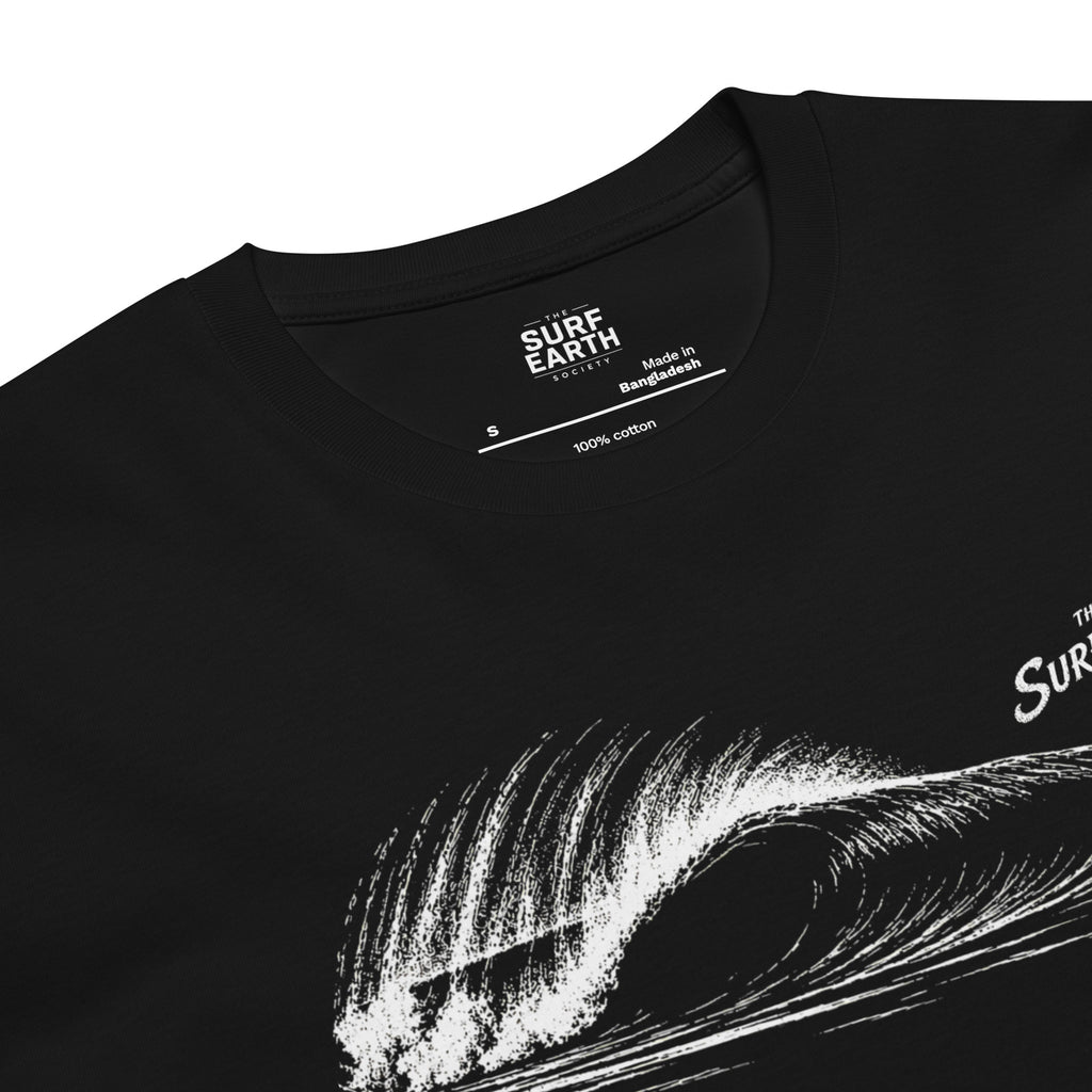 Hand drawn perfect Pipeline wave The Surf Earth Society black retro t-shirt