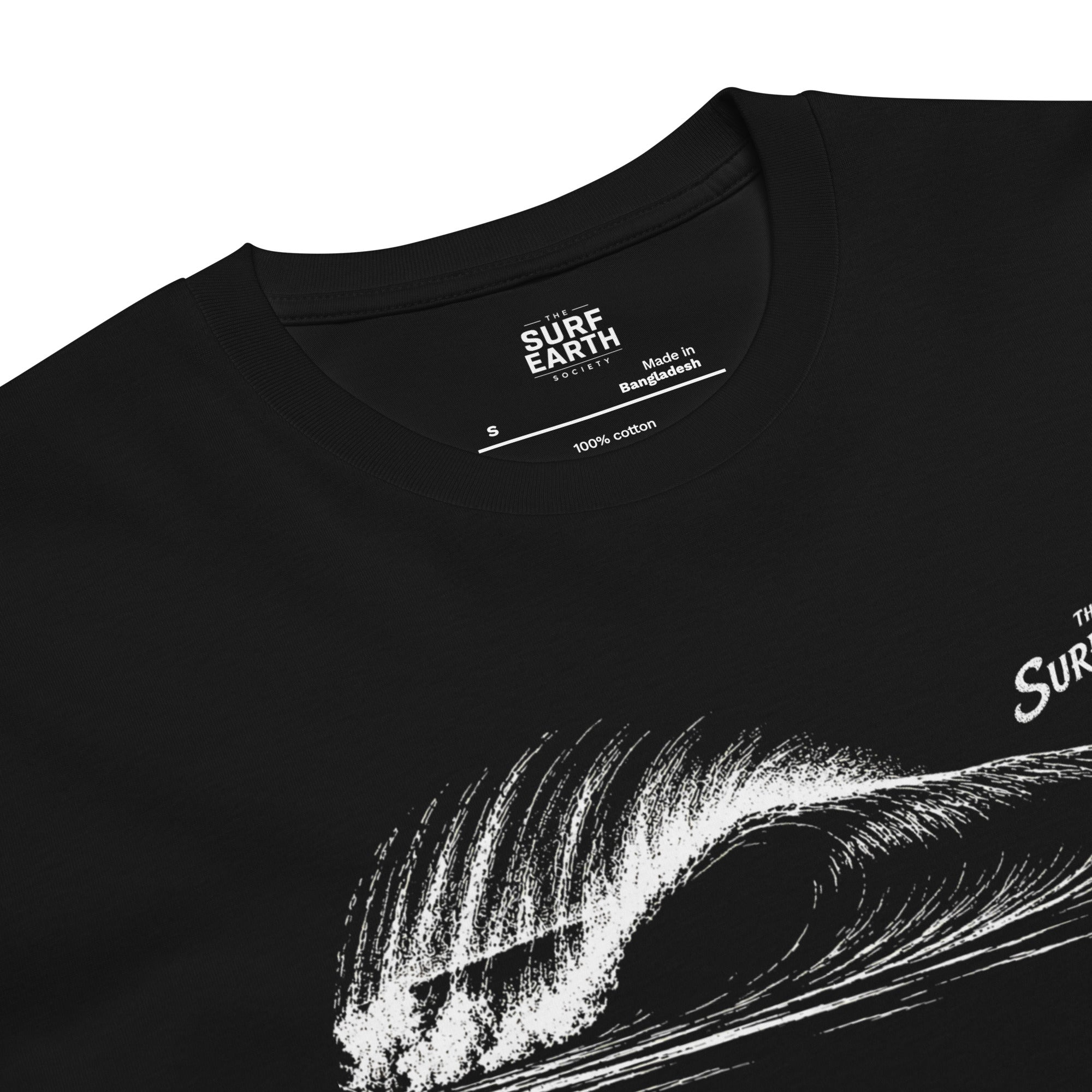 Hand drawn perfect Pipeline wave The Surf Earth Society black retro t-shirt