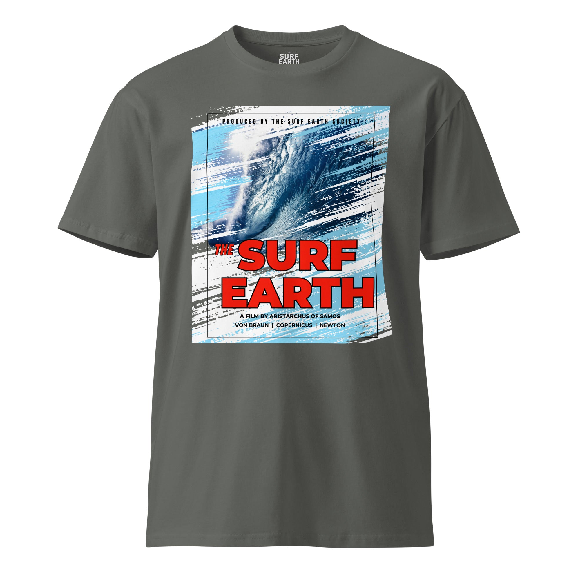 80s surf earth movie poster with vintage graphic artistry on premium gray t-shirt