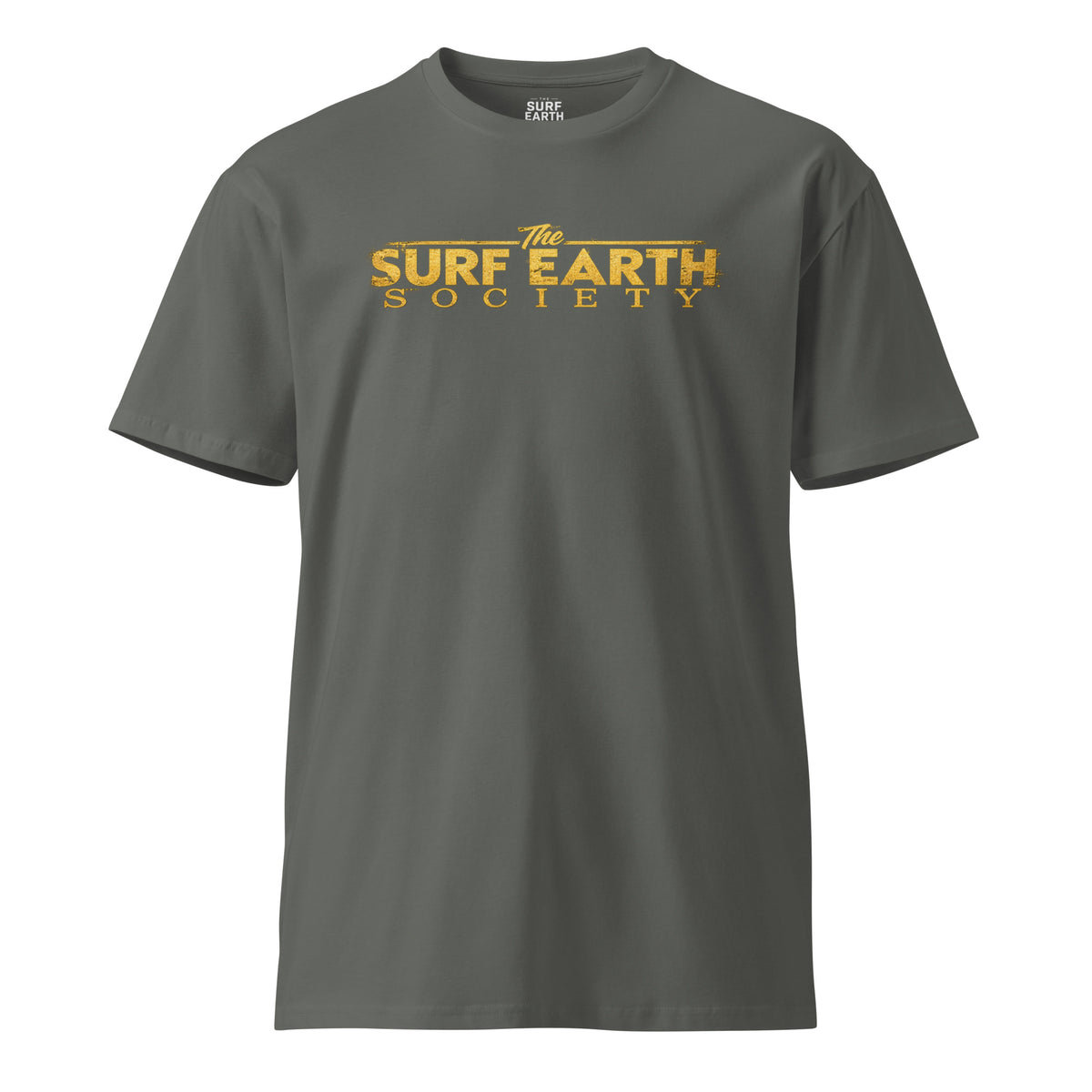 Vintage rustic Gold on Charcoal gray Surf Earth Society iconic original t-shirt