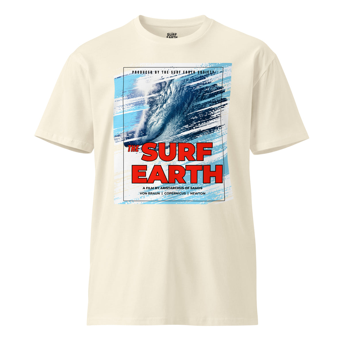 80s surf earth movie poster with vintage graphic artistry on premium natural t-shirt