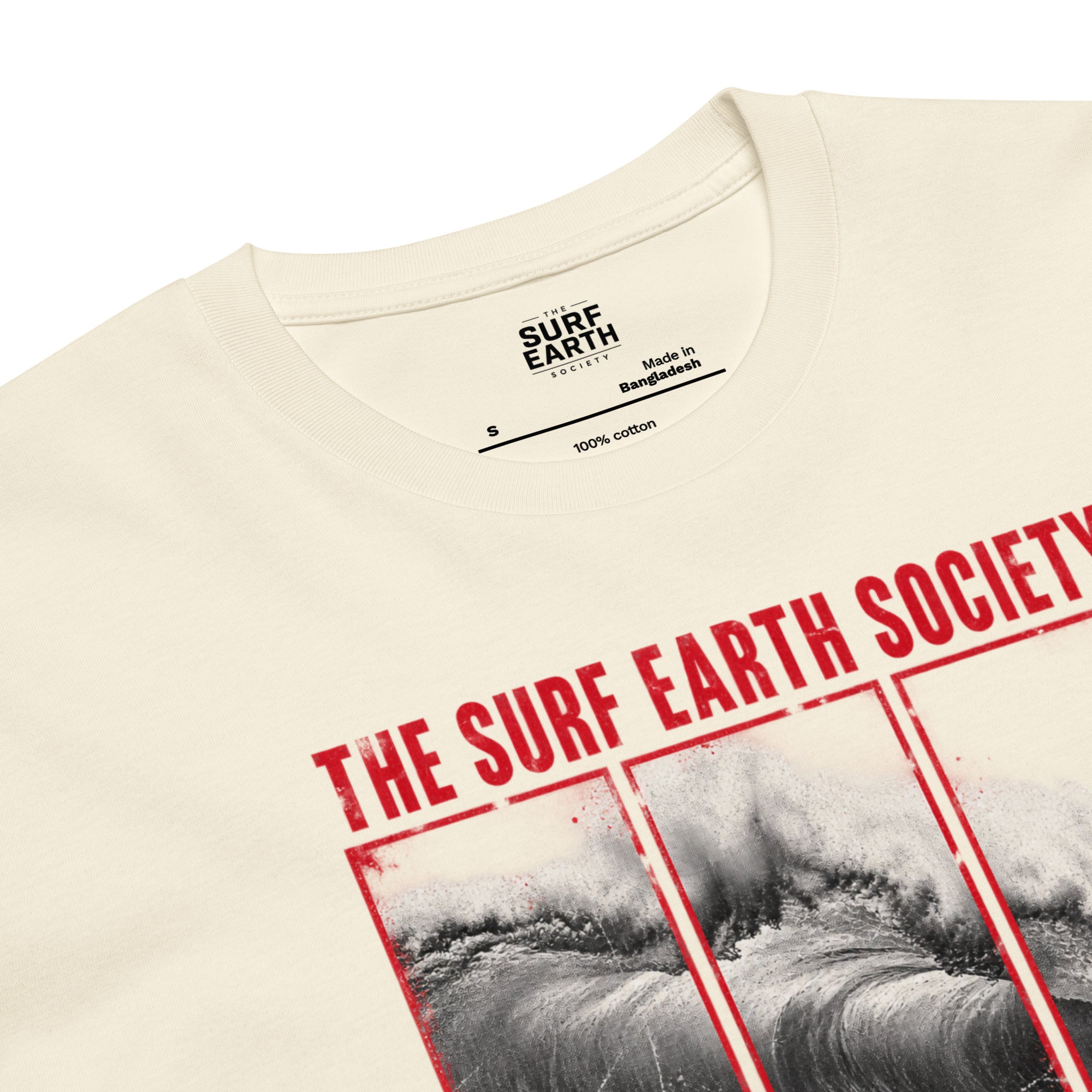 Beige The Surf Earth Society Chiba 1986  vintage surf t-shirt in premium 100% cotton featuring a distressed Japanese wave graphic and red typography
