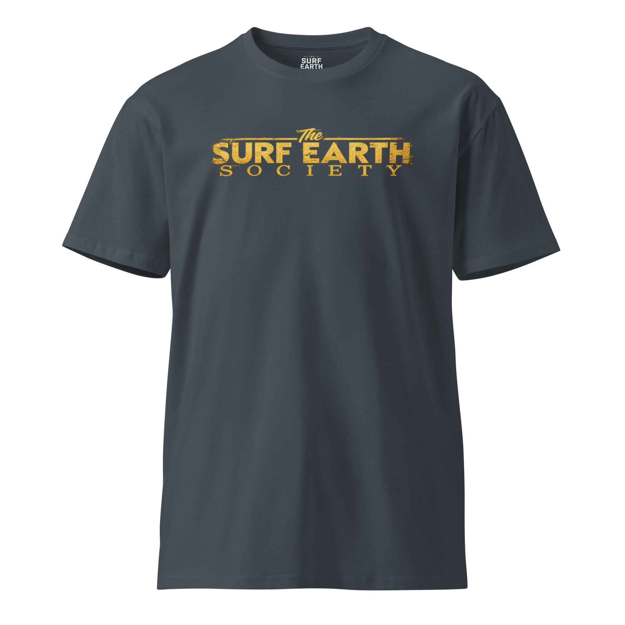 Vintage rustic Gold on gray blue Surf Earth Society iconic original t-shirt