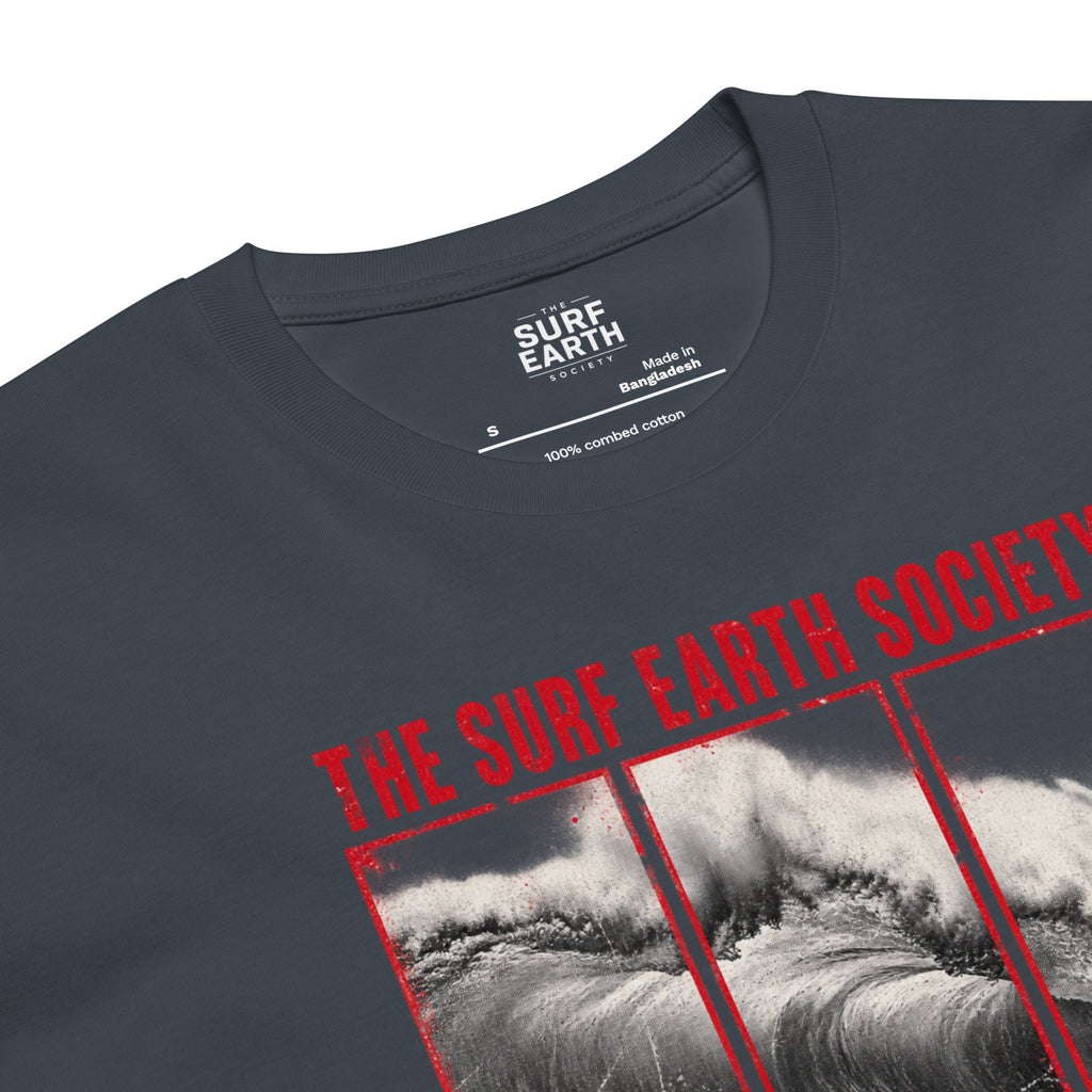 Petrol Black The Surf Earth Society Chiba 1986  vintage surf t-shirt in premium 100% cotton featuring a distressed Japanese wave graphic and red typography