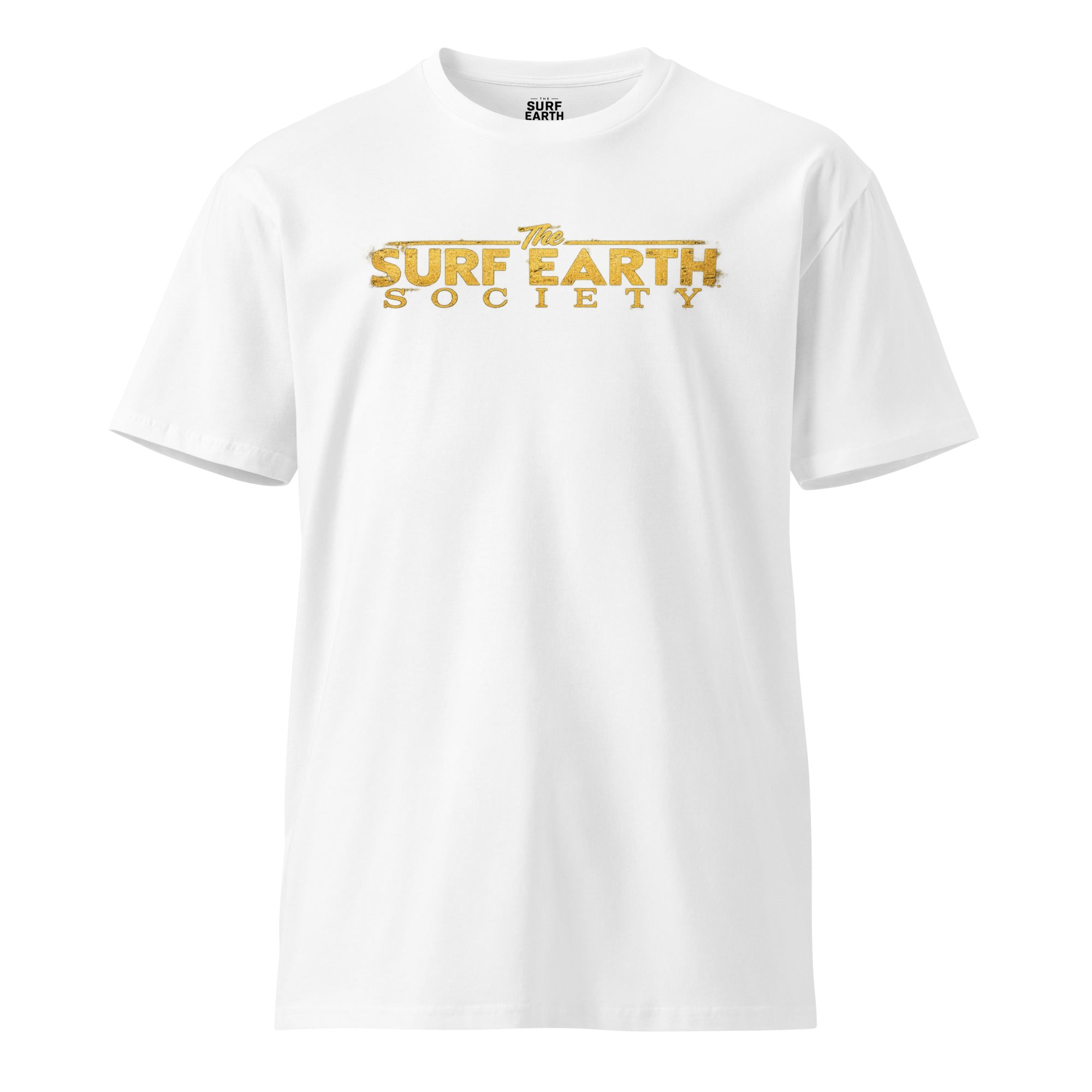 Vintage rustic Gold on white Surf Earth Society iconic original t-shirt