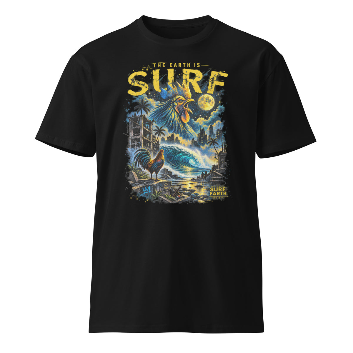 Dystopian Rooster THE EARTH IS SURF vintage surf T-shirt in black, featuring a rooster and perfect empty wave