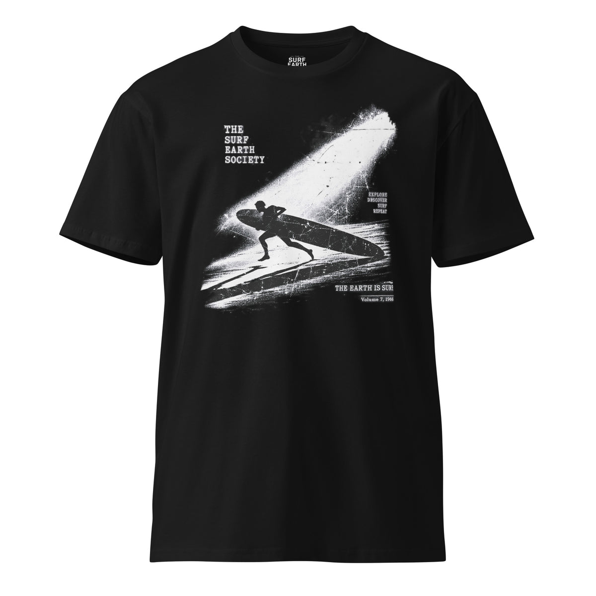 PrVintage THE SURF EARTH SOCIETY Night Run ’66 surf black T-shirt featuring a longboard surfer running into the ocean beneath a spotlightoduct mockup