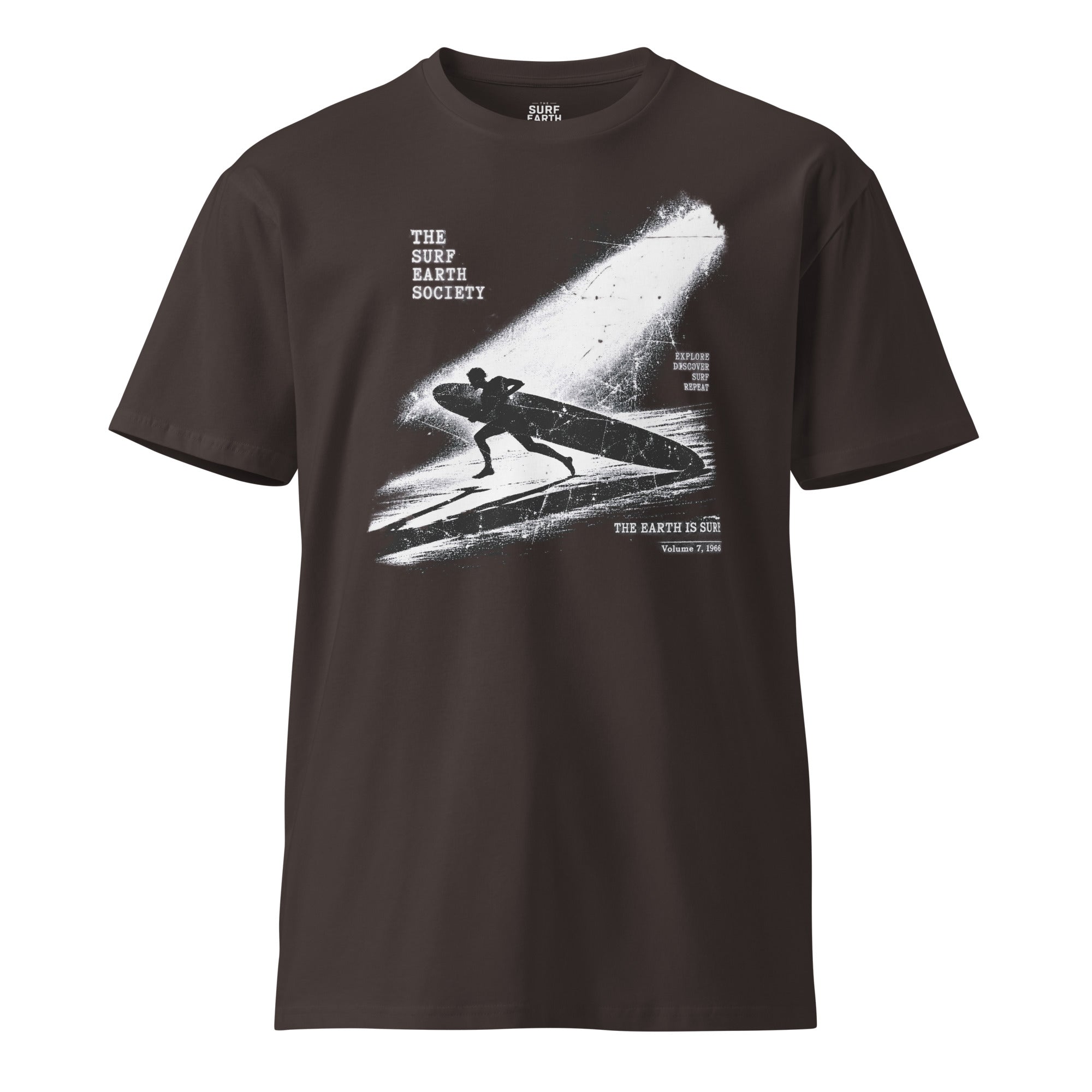 Vintage surf T-shirt featuring a longboard surfer entering the ocean under a dramatic spotlight coal color
