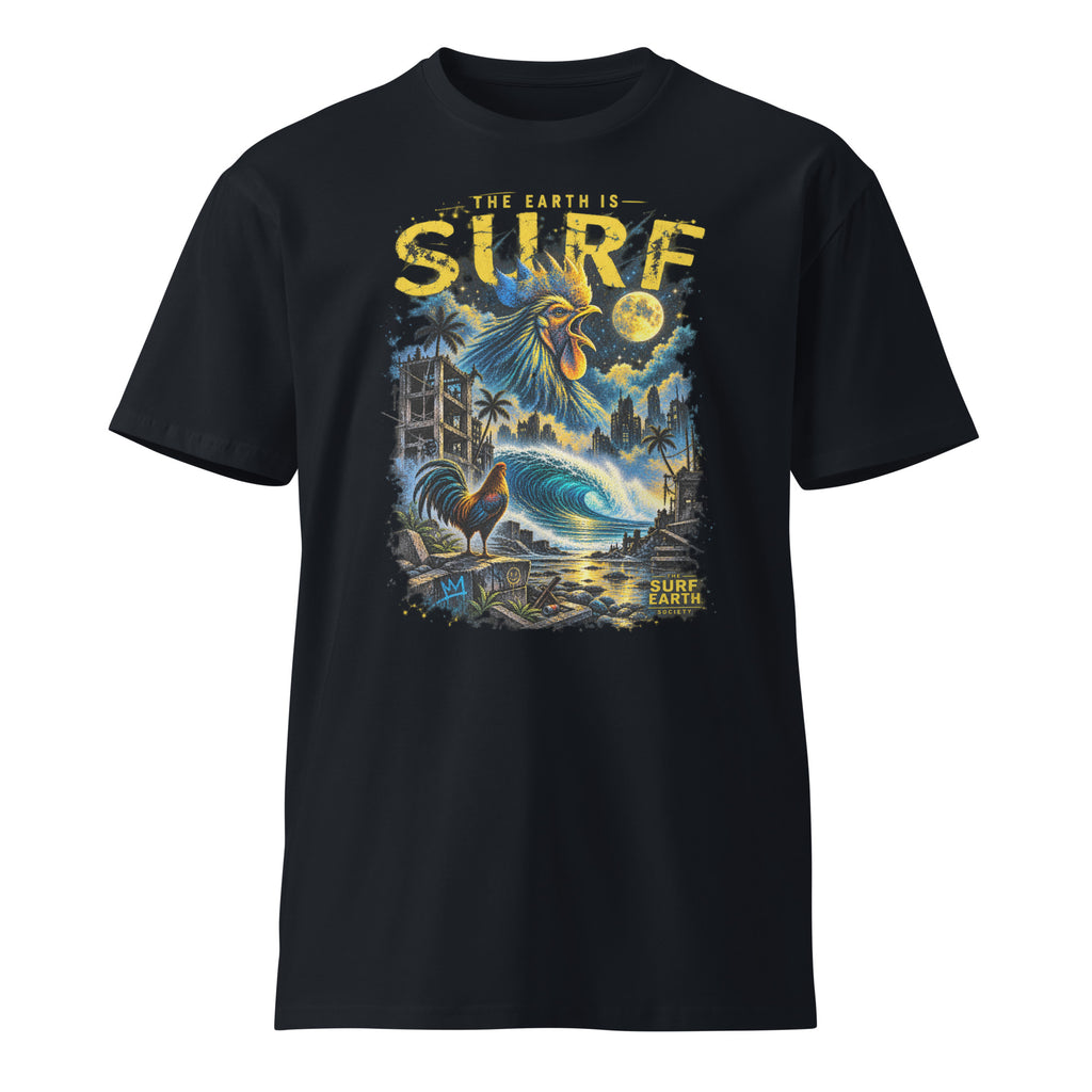 Dystopian Rooster THE EARTH IS SURF vintage surf T-shirt in navy blue with rooster, crashing wave and ruined city