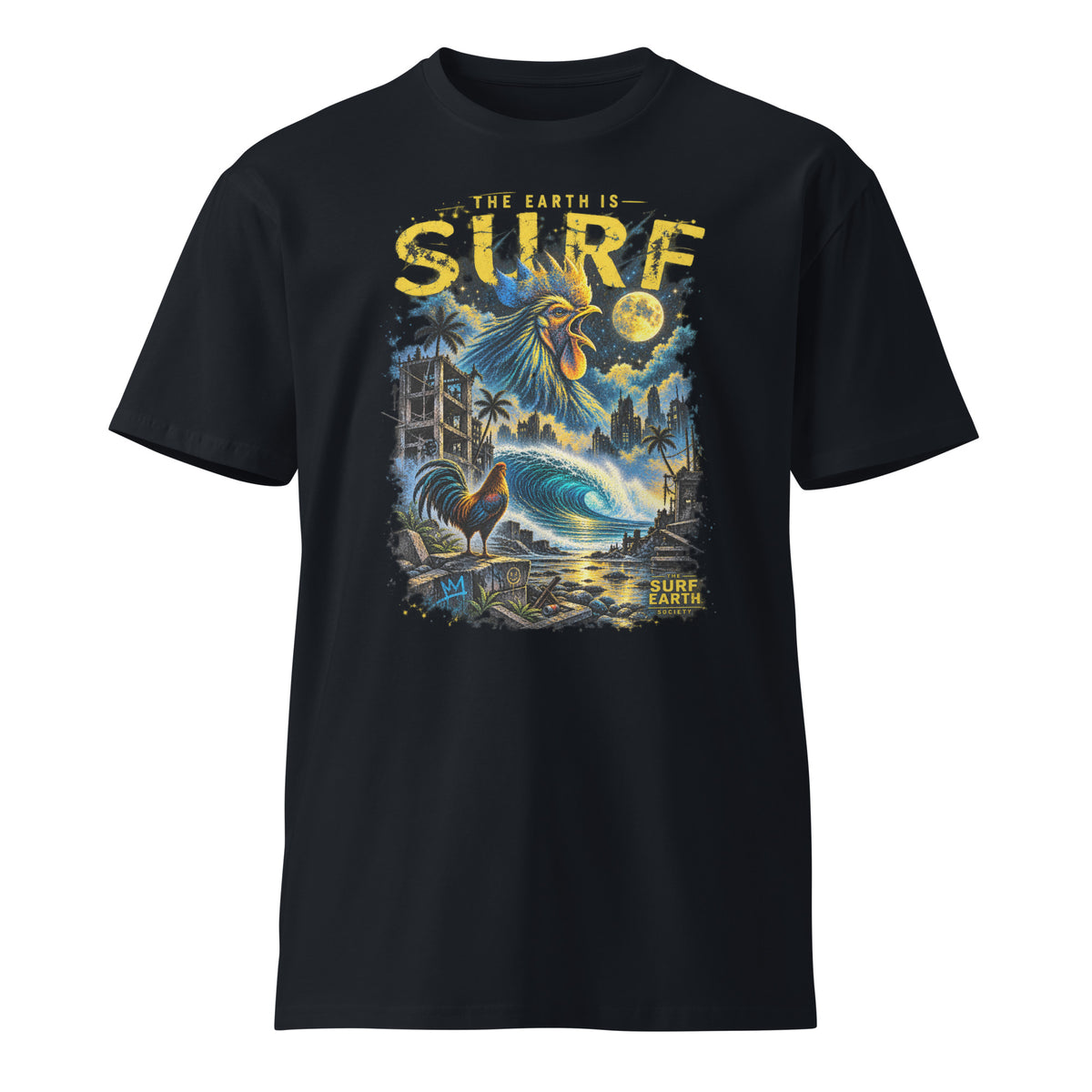 Dystopian Rooster THE EARTH IS SURF vintage surf T-shirt in navy blue with rooster, crashing wave and ruined city