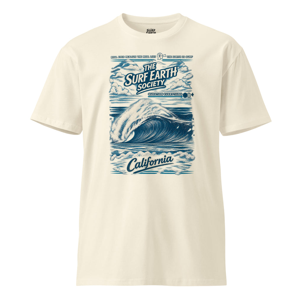 Southern California ’94 vintage surf T-shirt in natural beige, featuring a classic California beachbreak wave beneath the SURF EARTH SOCIETY™ mark and vintage distressed lettering.