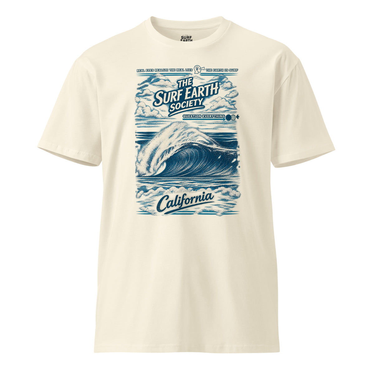 Southern California ’94 vintage surf T-shirt in natural beige, featuring a classic California beachbreak wave beneath the SURF EARTH SOCIETY™ mark and vintage distressed lettering.