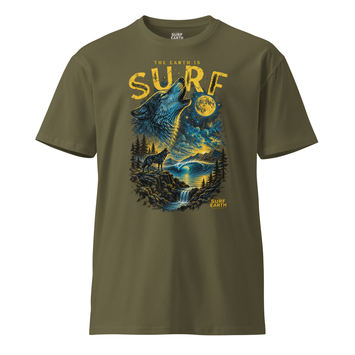 Wild wolf graphic T-shirt featuring a howling wolf beneath a golden full moon and starry night army green cotton